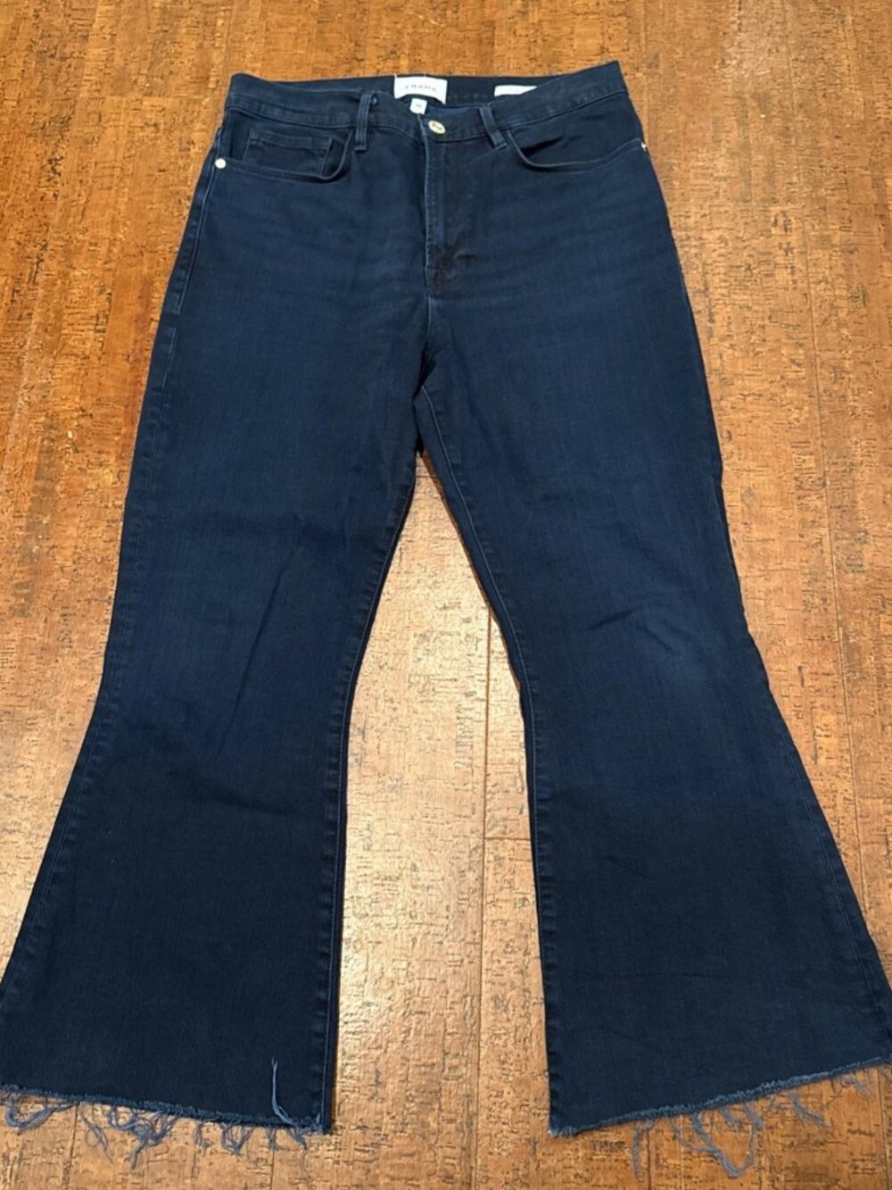 Frame 30 Le Crop Flare Jeans Dark Wash Denim Raw Hem